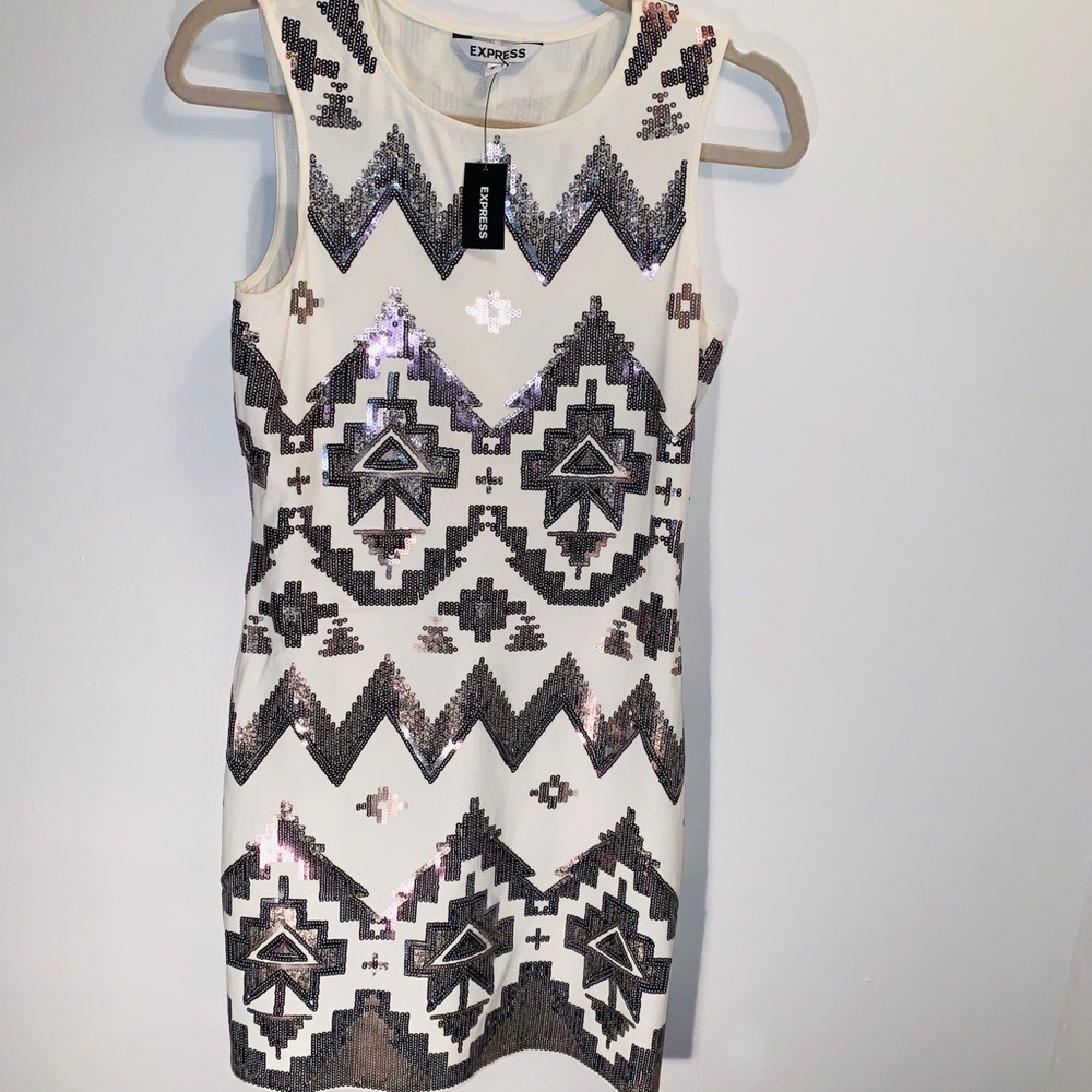 Express Ivory Aztec Silver/ Cooper Sequin Dress - Picture 5 of 7